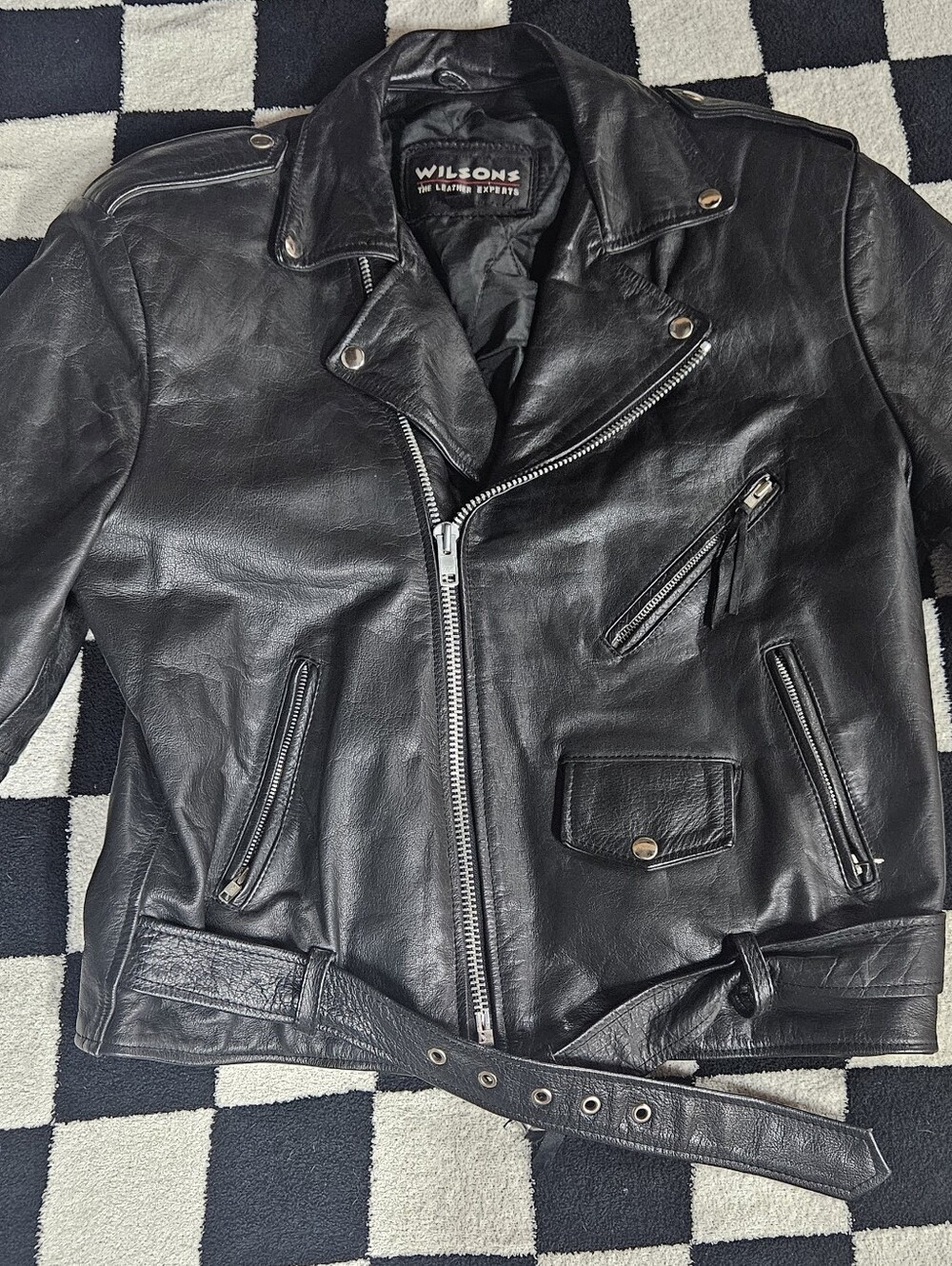 Vintage Wilsons Black Leather Motorcycle Biker Jacket – Belted Moto Style